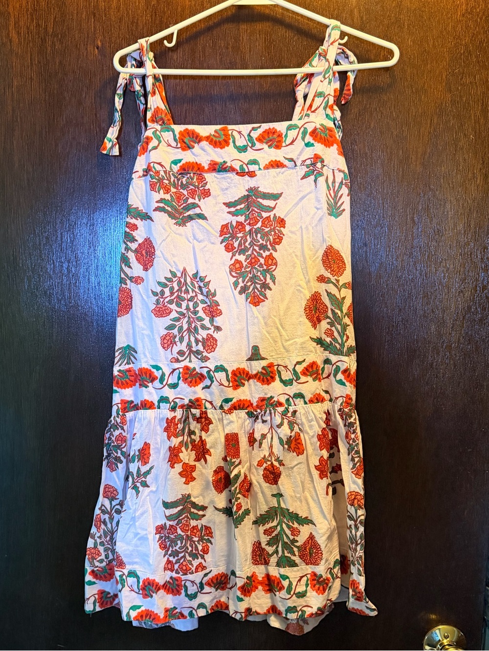 Anthropologie White Floral Tie-Shoulder Sundress - Red & Green Print size Small